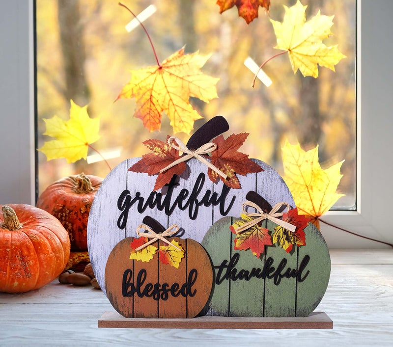 CYNOSA Fall Decorations for Home Blessed Grateful Thankful Fall Decor Wooden Pumpkin Tabletop Signs for Home Thanksgiving Farmhouse Living Room Harvest - Image 2